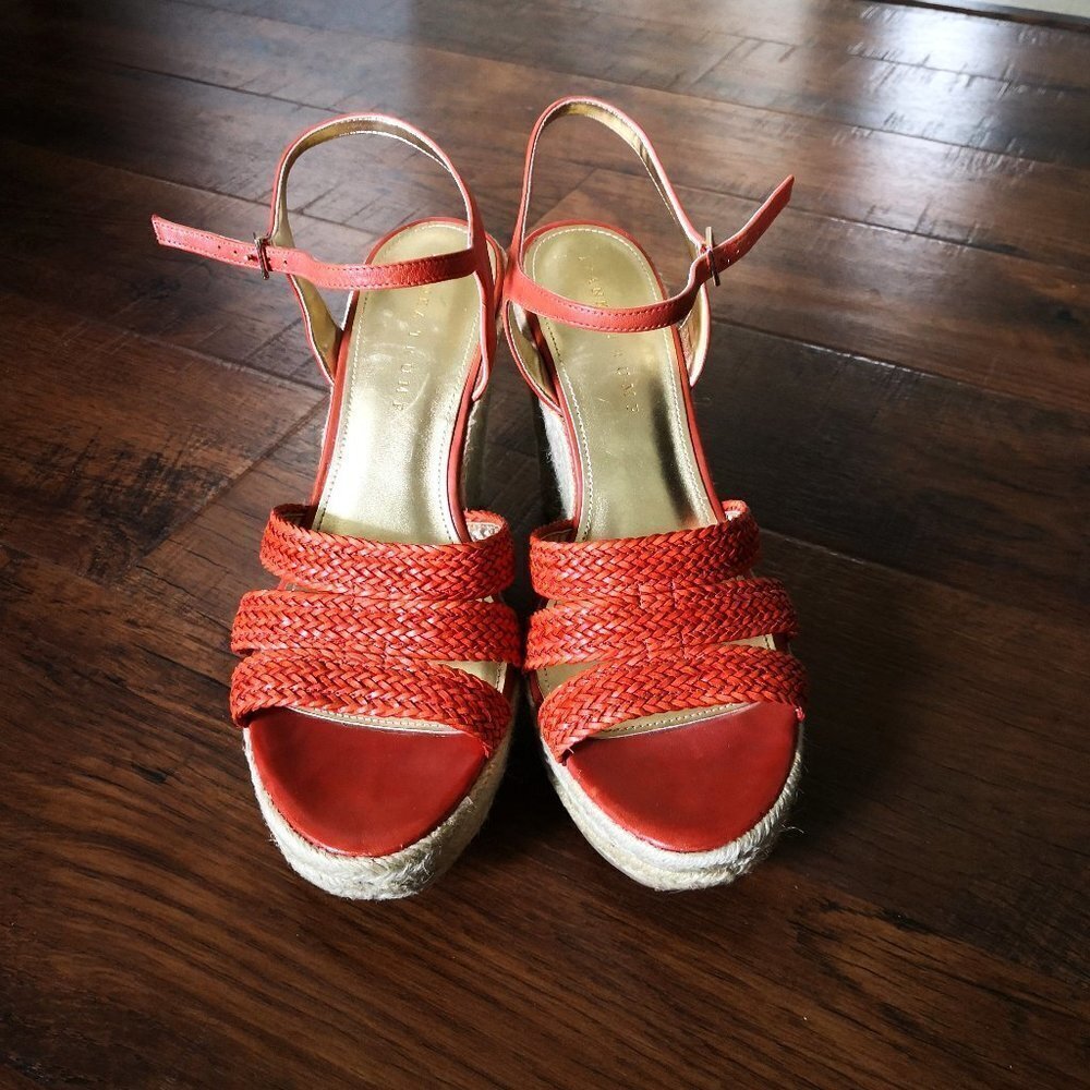 Ivanka Trump Haspia Espadrilles Leather Wedge Sandals Orange Size 9.5M